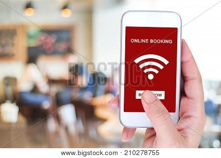 Online booking over blur restaurant background food and drink restauant reservation