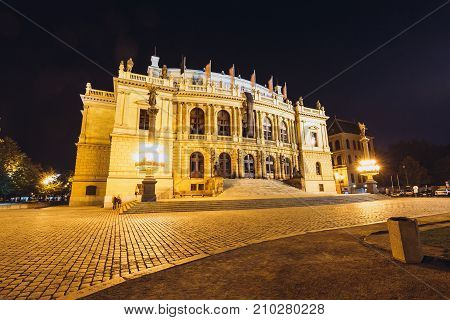 Night View Of The Building Of Rudolfiunum Concert Hall In Prague, Czech Republic