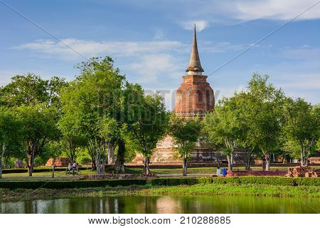 Old Buddhist temple in Sukhothai historical park Thailandfamous tourrist attraction in norhern Thailand.