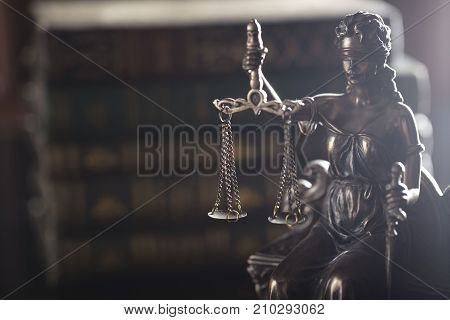 Justice concept.  Lady justice. Books. Court library.