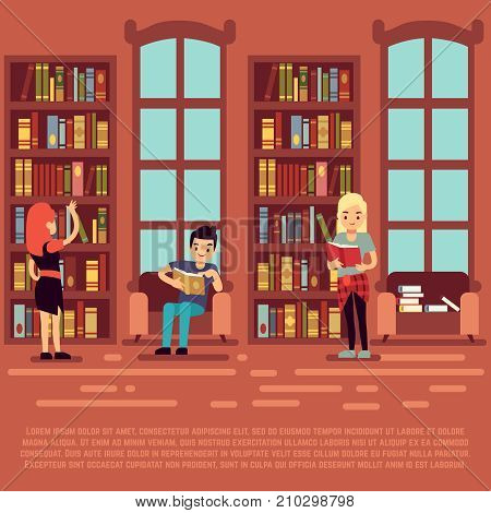 Library interior concept - teenagers and students rading books in library. Education students, bookshelf in university, vector illustration