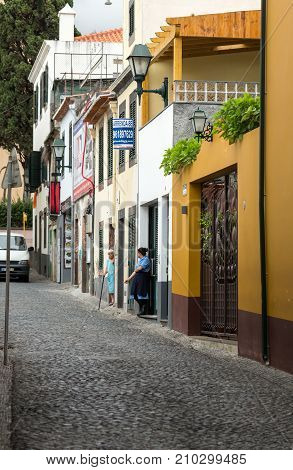 FUNCHALMADEIRA PORTUGAL SEPTEMBER 8 2016: Zone Velha - the oldest district famous for its best restaurants and cafes in Funchal. Madeira Portugal