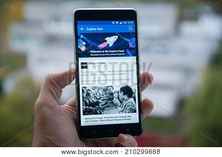 San Francisco, october 10, 2017: New second facebook timeline explore feed on mobile phone