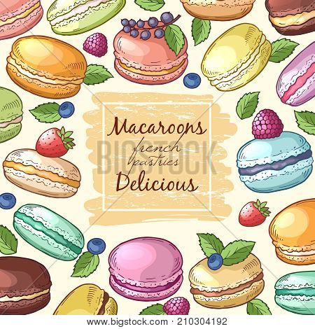 Poster with colored illustrations of macaroons. Background with food pictures and place for your text. Macaroon colored cake chocolate delicious vector