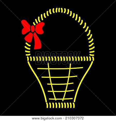 Basket with braid sign. Image of handmade weave. Color icon isolated on black background. Decorative wicker basket with red bow for gift. Logo for invitation or celebration. Stock vector illustration