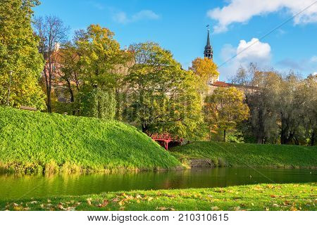 Park and pond close to wall of old town. Tallinn Estonia Baltic States Europe