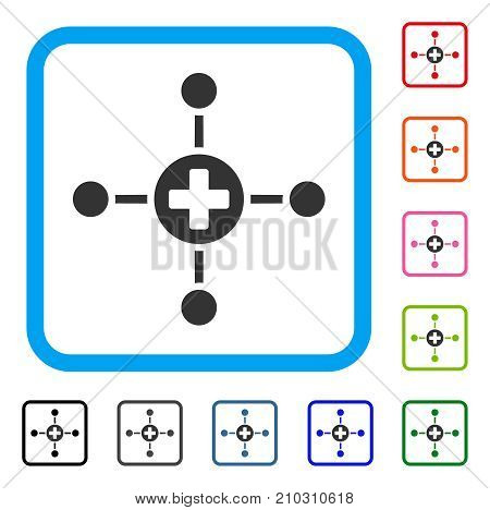 Medical Center icon. Flat grey pictogram symbol inside a light blue rounded frame. Black, gray, green, blue, red, orange color additional versions of Medical Center vector.
