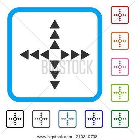 Outside Direction icon. Flat grey iconic symbol in a light blue rounded squared frame. Black, gray, green, blue, red, orange color versions of Outside Direction vector.