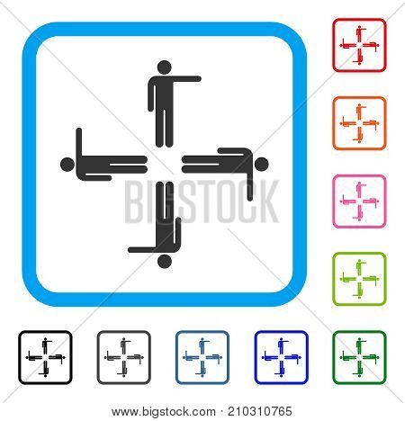 Pointing Men icon. Flat gray iconic symbol in a light blue rounded rectangular frame. Black, gray, green, blue, red, orange color additional versions of Pointing Men vector.