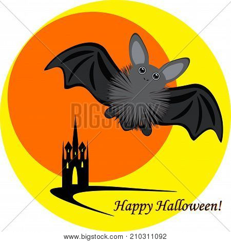 Halloween vector inllustration with bat moon and castle, words happy halloween