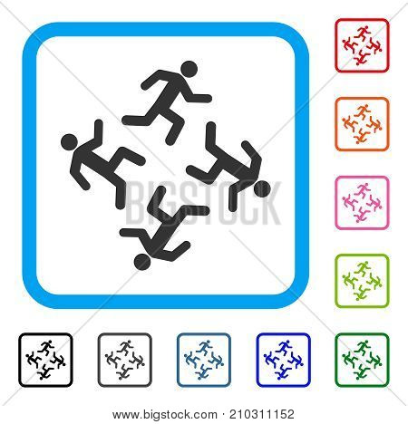 Running Men icon. Flat grey pictogram symbol in a light blue rounded rectangular frame. Black, gray, green, blue, red, orange color additional versions of Running Men vector.