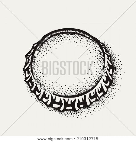 Craft beer bottle cap in vintage style. Engraving illustration in hipster style isolated on grunge background.