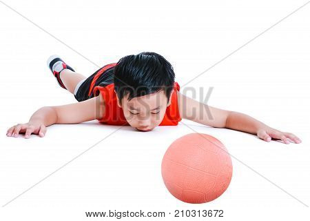 Accidents In Sports. Child In Prone Position Unconscious With Ball. Isolated On White.