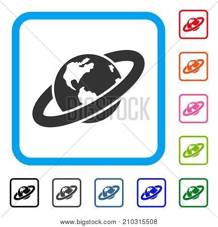 Ringed Planet icon. Flat grey iconic symbol inside a light blue rounded square. Black, gray, green, blue, red, orange color variants of Ringed Planet vector. Designed for web and software interfaces.