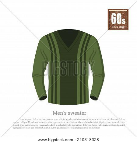 Retro sweater in realistic style on white background. Old fashion. 60s vogue. Vintage green pullower icon. Vector illustration