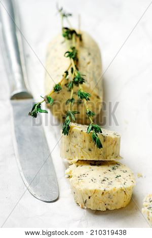 Butter with a herb for sandwiches and steack . selective focus