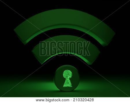 Glowing green wifi symbol in a dark room with a keyhole in the dot textured with a green matrix WPA2 cybersecurity concept 3D illustration