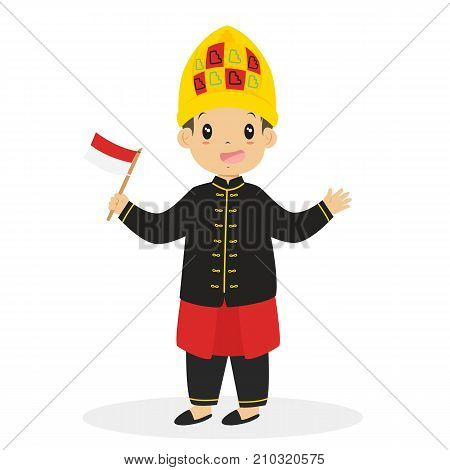 Aceh boy wearing traditional dress and holding Indonesian flag cartoon vector