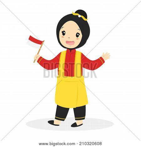 Aceh girl wearing traditional dress and holding Indonesian flag cartoon vector