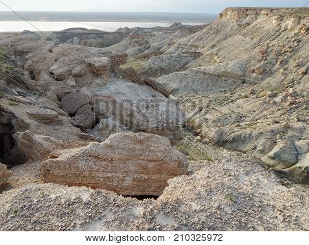 Steppe rocks. Cavity. Arid landscape. Kazakhstan. Mangistau region.