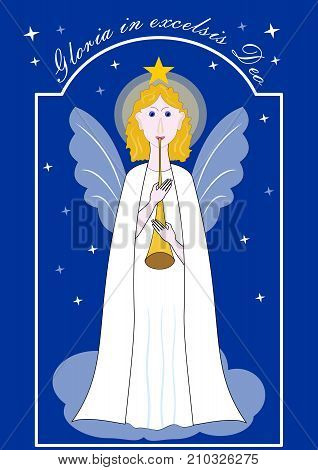Cute gold-haired angel with trumpet christmas illustration with latin inscription Gloria in excelsis Deo. Drawing on dark blue background with stars. Vector EPS 10