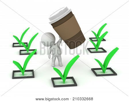 3D character with many finished tasks and holding up a large coffee cup. Isolated on white background.