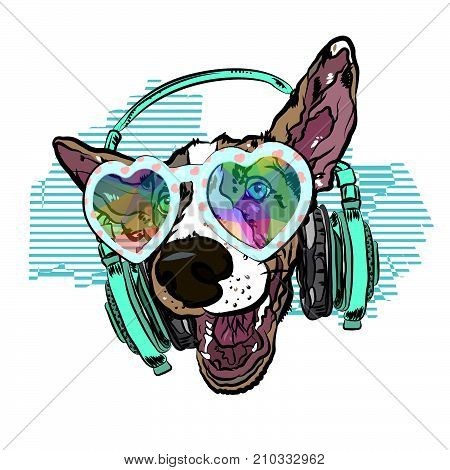 Print on a T-shirt with a dog. Muzzle of the cute Jack Russell. Vector illustration eps 10.