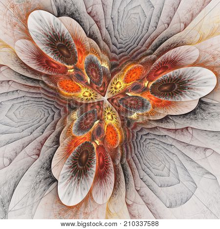 The kaleidoscopical composition in golden tones. Abstract kaleidoscope background. Beautiful kaleidoscope pattern. Multicolor mosaic texture. Unique design