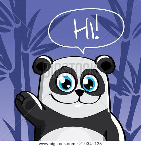Vector illustration of cute cartoon hapy fun panda. Greeting card, postcard. Hi