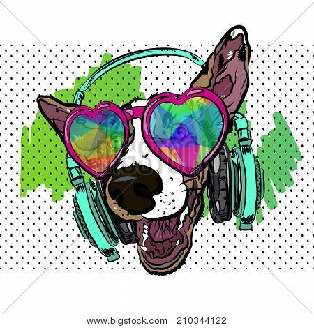 Colorful vector poster with dog on t-shirt. Dog wearing glasses and earphones.