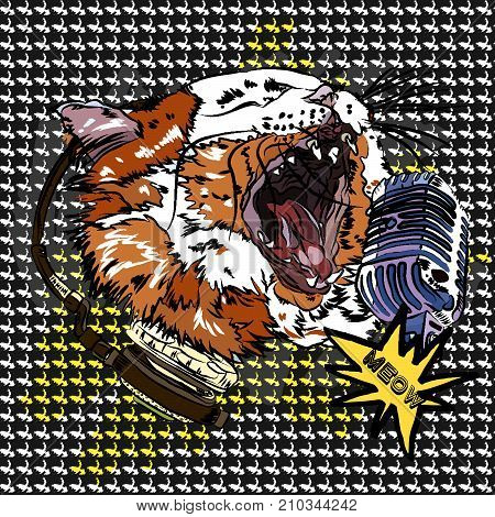 Red cat rock star. Vector illustration EPS10. Design a poster for a t-shirt.