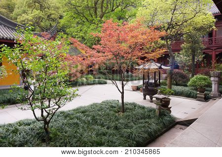 Bueatiful architecture in Ancient buddhist temple , Lingyin of the Chan sect located north-west of Hangzhou, China.