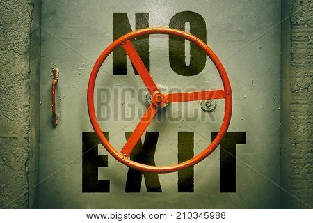 No exit warning on the hermetic bunker door with red handwheel