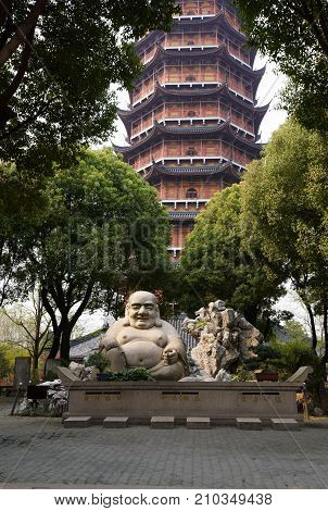 North temple pagoda with Budai or Hotei statue, Suzhou China.