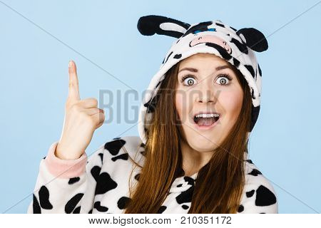 Woman Wearing Pajamas Cartoon Pointing Up