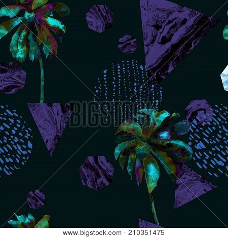 Geometric palm pattern. Trendy creative seamless rapport with banana trees, triangles, marble, ebru, halftones, dots, lines, heptagones. Swimwear summer abstract jungle background. Memphis geometry.