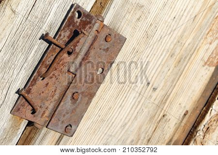 Old wood barn door with rusty nails and hinge. There is space for text