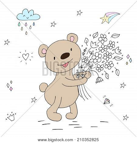 vector card with cute hand drawn bear. vector print.