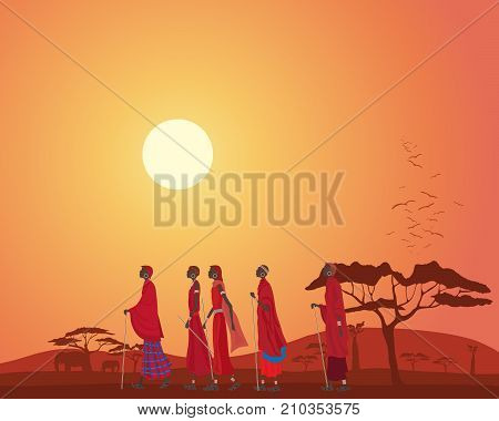 an illustration of african masai men walking across the plains at sunset in kenya
