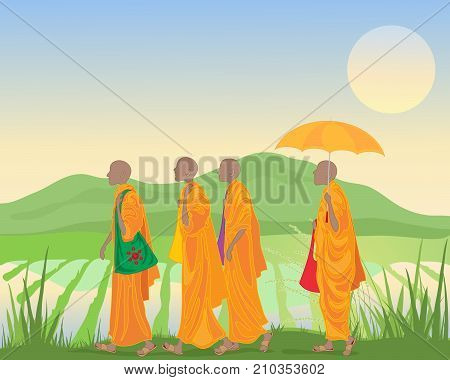 an illustration of buddhist monks in orange robes walking by a paddy field with mountains in asia