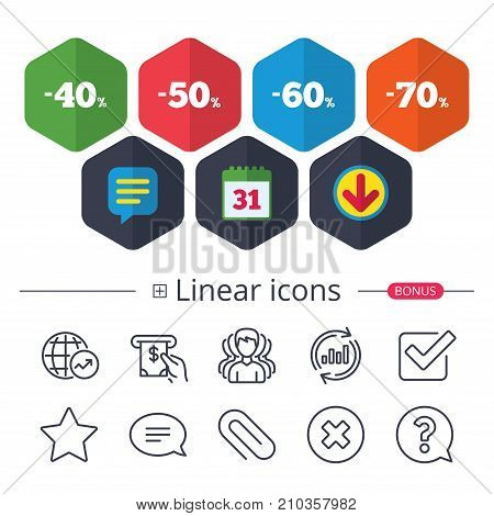 Calendar, Speech bubble and Download signs. Sale discount icons. Special offer price signs. 40, 50, 60 and 70 percent off reduction symbols. Chat, Report graph line icons. More linear signs. Vector