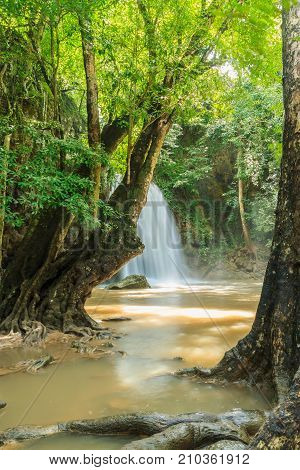 Erawan waterfall in the rainy season with turbid water