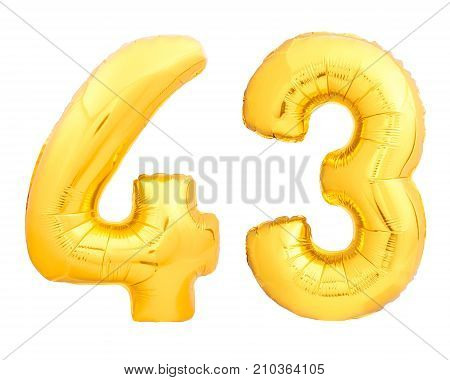 Golden number 43 fourty three made of inflatable balloon isolated on white background