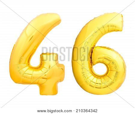 Golden number 46 fourty six made of inflatable balloon isolated on white background