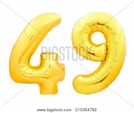 Golden number 49 fourty nine made of inflatable balloon isolated on white background