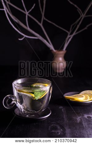 Mint Lemon Tea On A Dark Background