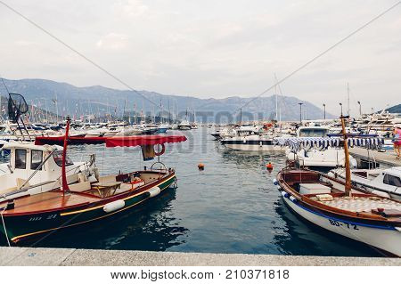 BUDVA, MONTENEGRO - AUGUST 16, 2017: boats in the port in Budva, Montenegro