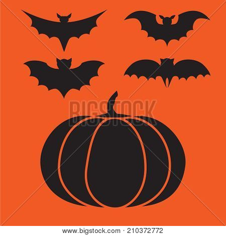 Funny halloween vector mystery vampire silhouettes. Dark spooky bats monsters isolated from orange background. Black cartoon little spider. Simple image with hat and pumpkin for halloween party.