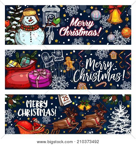 Merry Christmas wish on sketch banners of Santa gifts, Christmas tree decorations and snowman. Vector reindeer sleigh, 25 December calendar and golden star or bell for New Year winter holidays season