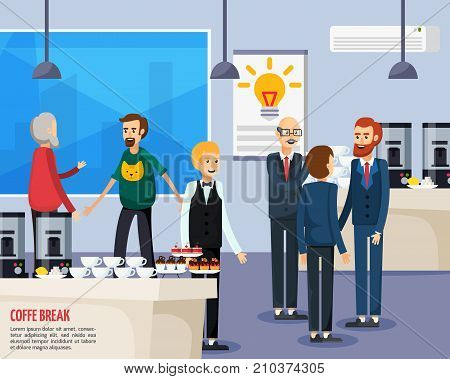 Coffee break orthogonal flat composition with office staff, waiter near table with cups and dessert vector illustration